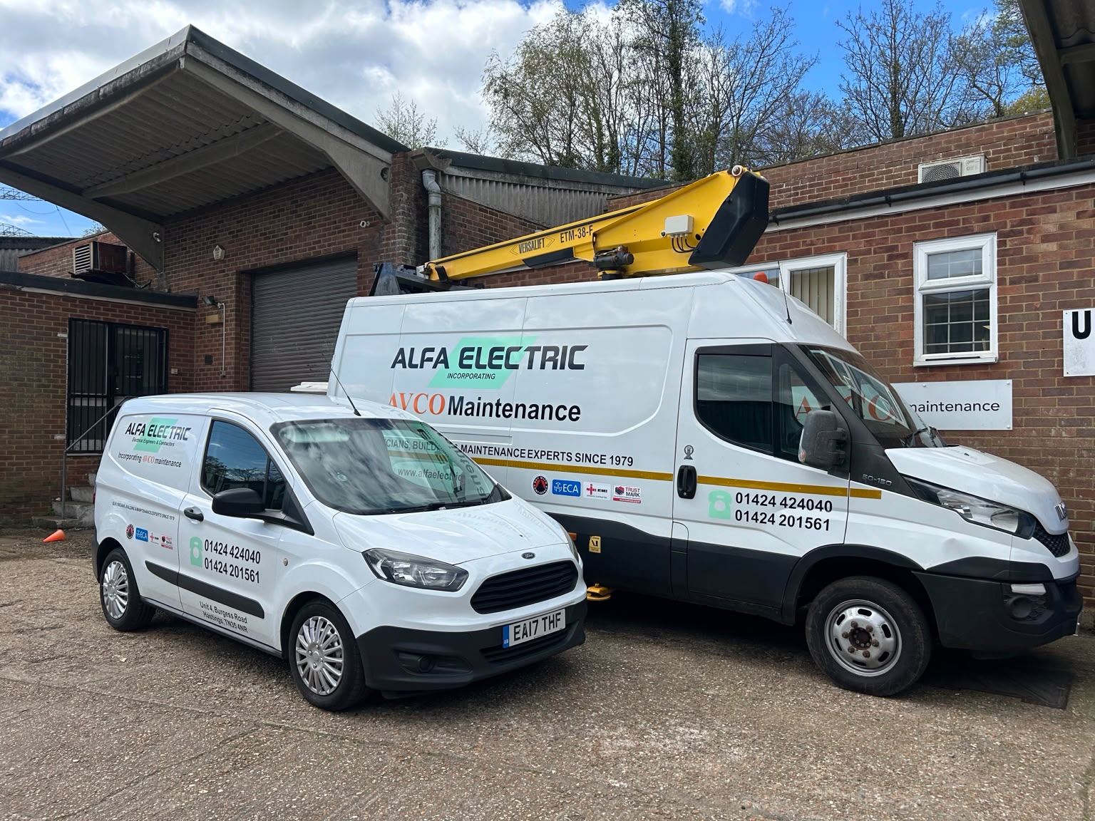 Alfa Electric and Avco Maintenance vans outside the Hastings unit
